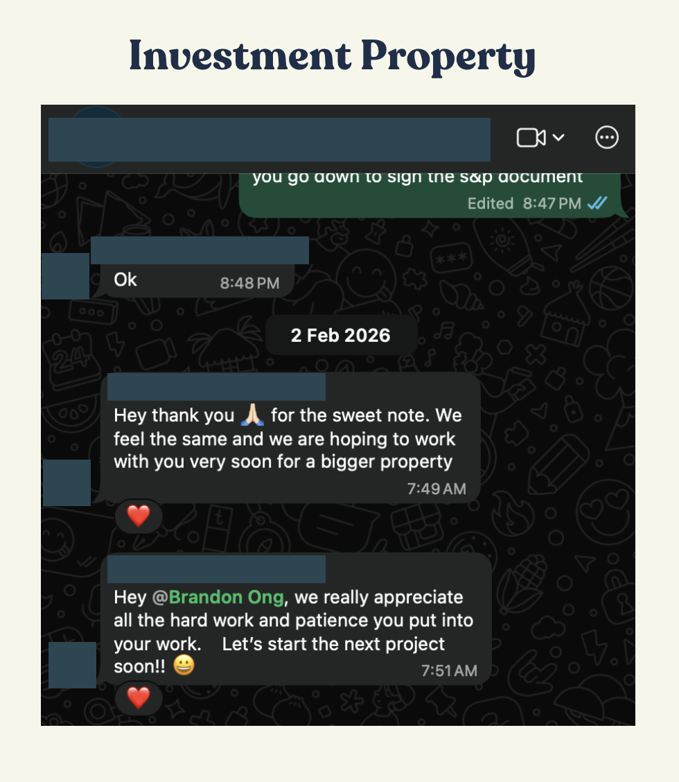 Client WhatsApp message thanking Brandon and looking forward to working together on their next investment property