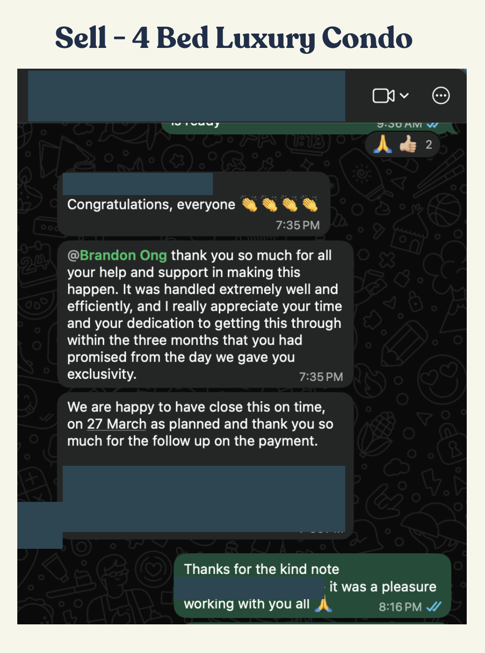 Client WhatsApp message thanking Brandon for selling their 4-bed luxury condo on time